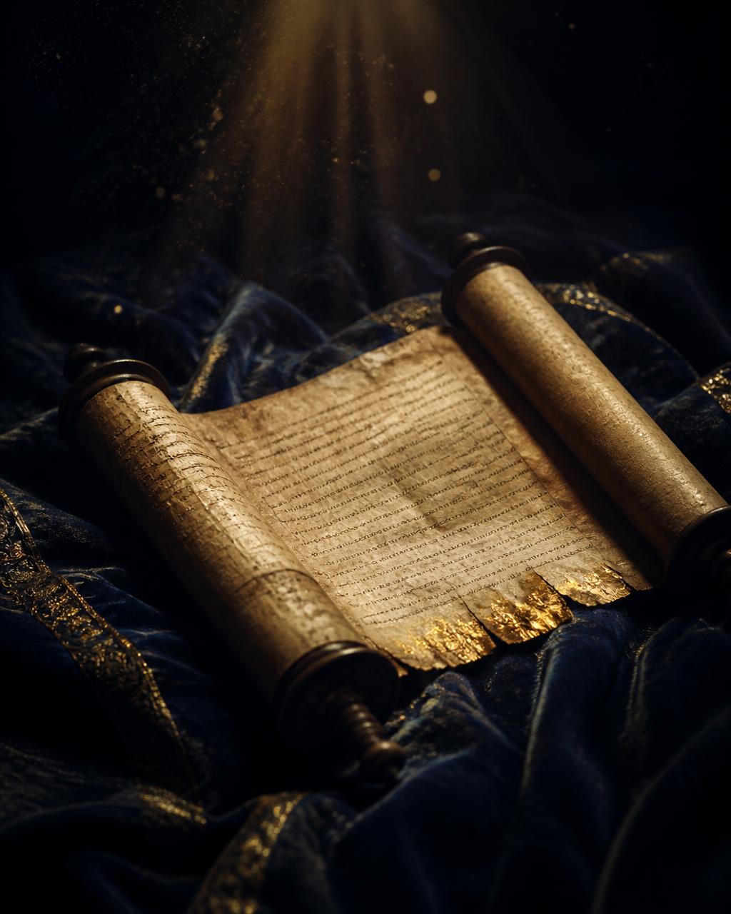 Manuscrito antigo em pergaminho iluminado por uma luz dourada